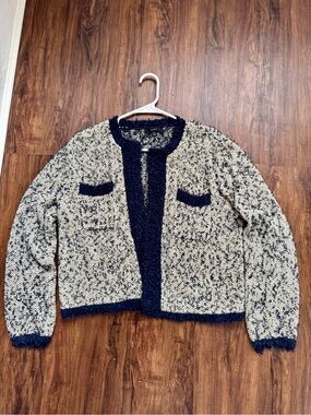 J. Crew Navy and Cream Bouclé Trimmed Cardigan, Size Medium